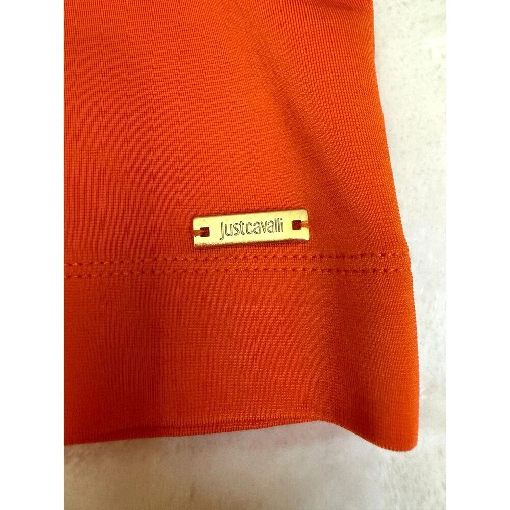Just Cavalli Orange Bodycon Midi Dress L Sleeveless Plunge Neck Italy Stretch